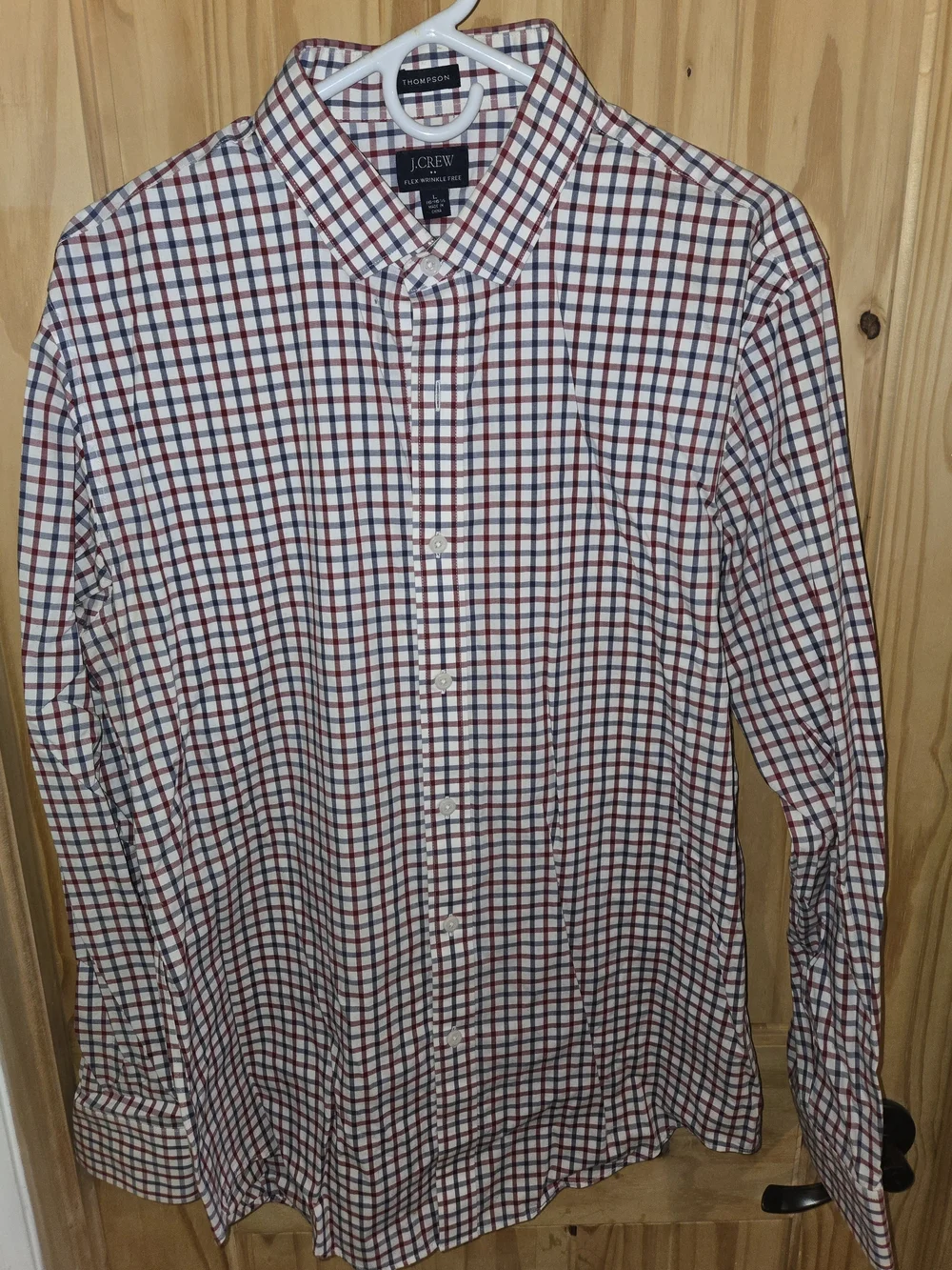 J. Crew White Button-Down Shirt with Red and Blue Windowpane Check Size Large